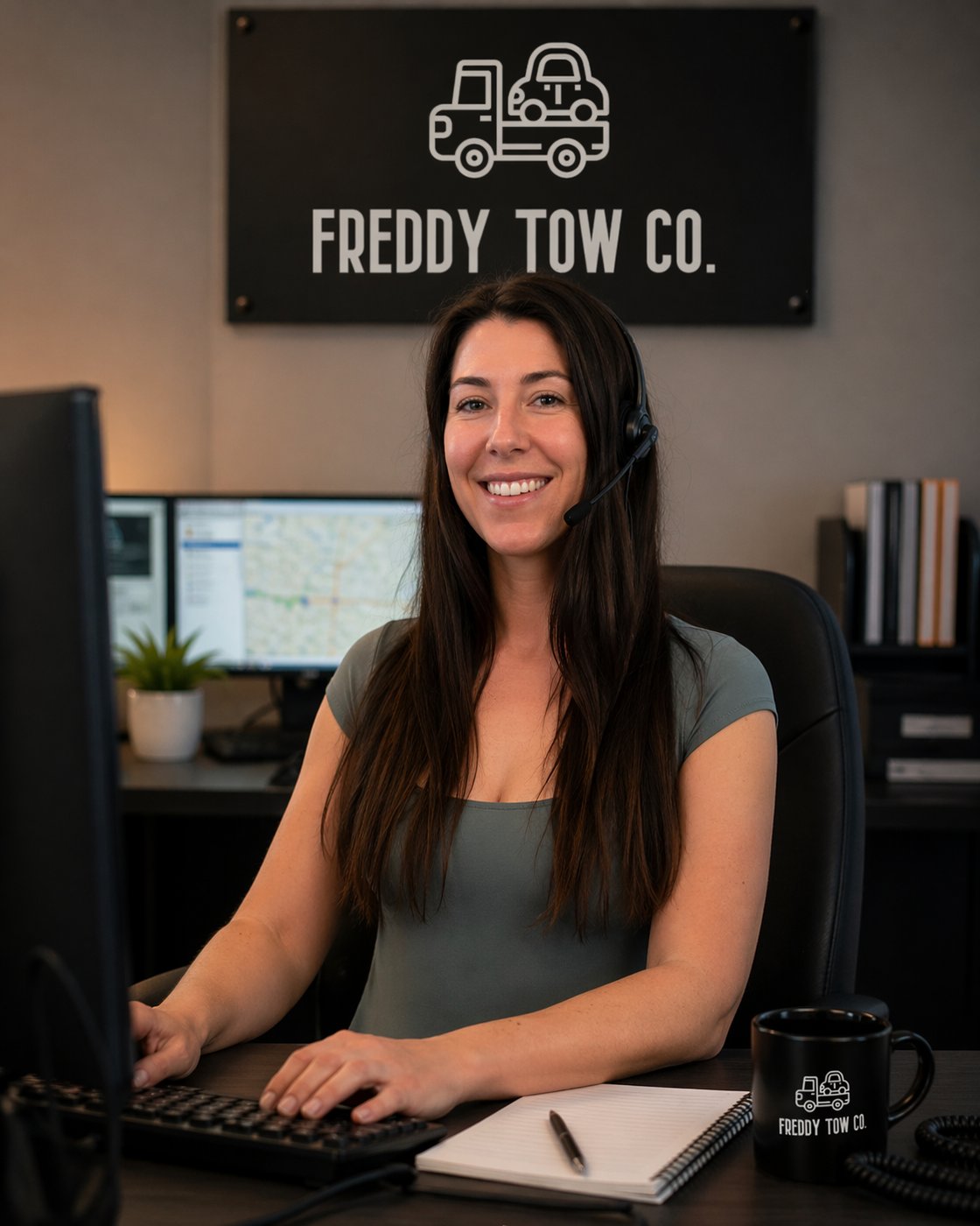 Megan Toth, dispatcher at Freddy Tow Co., at her desk with a headset and dual monitors in the Fredericton dispatch office.