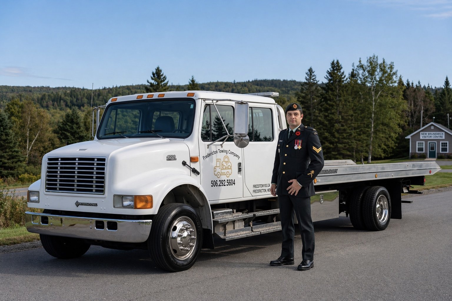 Noah Starr, Canadian Forces veteran and owner-operator of Freddy Tow Co., in dress uniform beside his white flatbed tow truck in rural New Brunswick.
