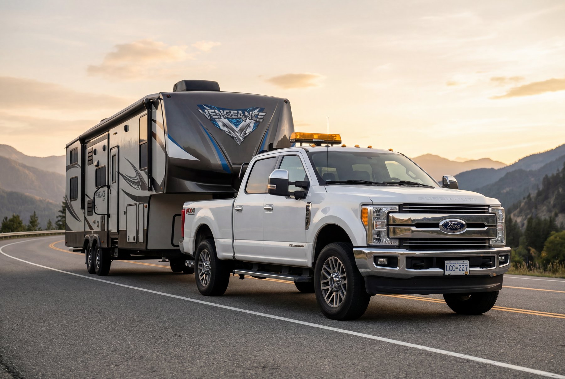 Freddy Tow Co. heavy-duty pickup towing a Vengeance fifth-wheel RV on a long-distance haul.