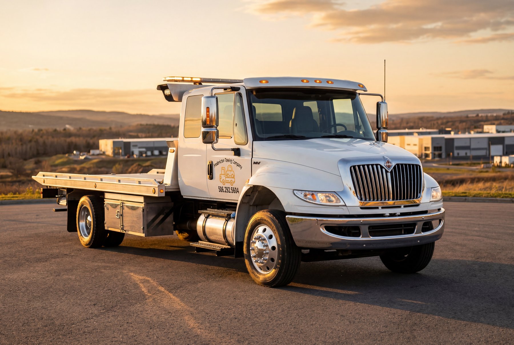 Freddy Tow Co. International flatbed tow truck at golden hour in the Fredericton, NB area.